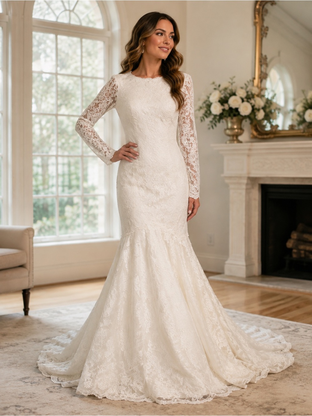 Vintage Elegant Lace Long-Sleeve Bridal Gown in Ivory “E6”